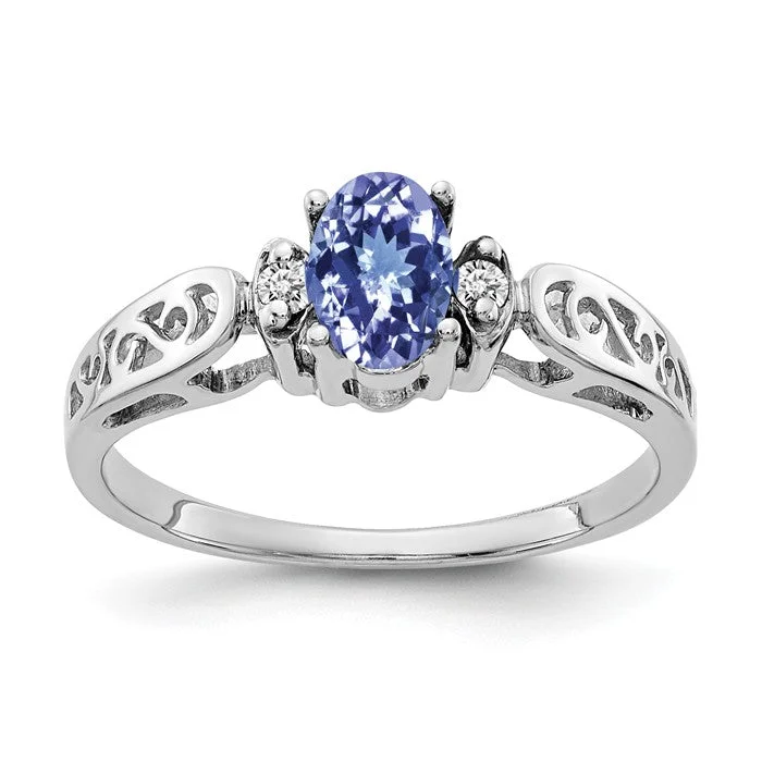 Beautiful Wedding Rings For Elegant Brides-14k White Gold 6x4mm Oval Tanzanite and Diamond Filigree Side Ring