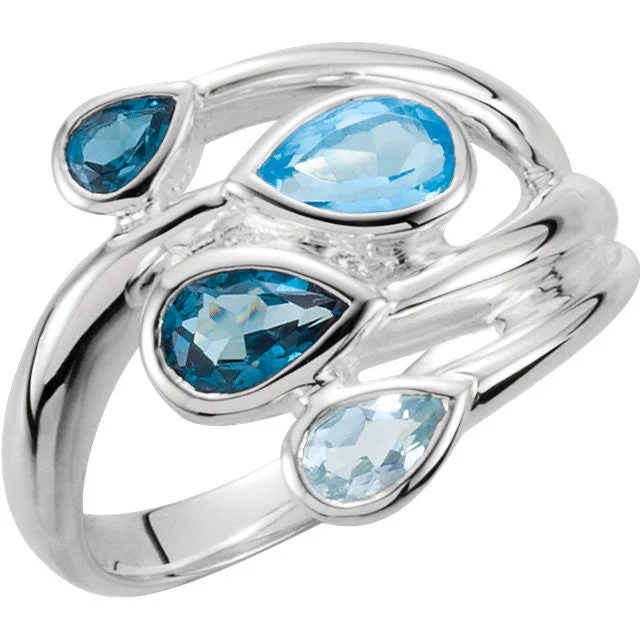 Affordable Gold Engagement Rings For Brides-Sterling Silver Sky Blue, London Blue & Swiss Blue Topaz Bypass Ring