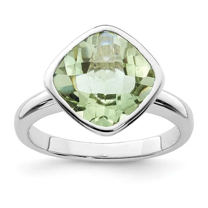 Sparkling Sapphire Rings For Bridal Fashion-Sterling Silver Bezel Set Cushion Green Quartz Prasiolite Ring