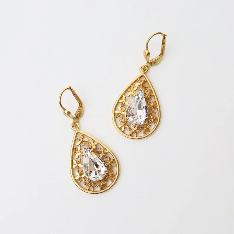 Sparkling Gemstone Earrings For Special Occasions-Teardrop Crystal Earrings - Gold Plate