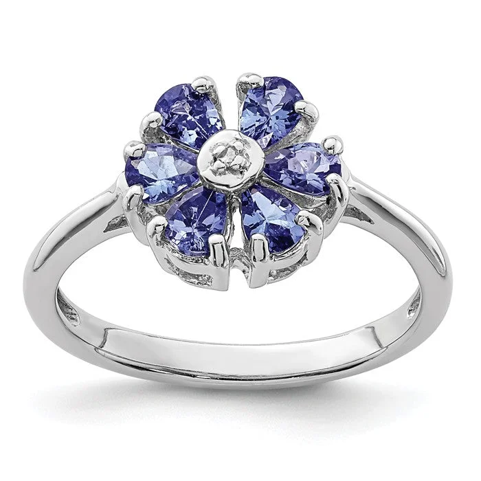 Classic Rose Gold Rings For Timeless Appeal-Sterling Silver Genuine Tanzanite And Diamond Flower Ring