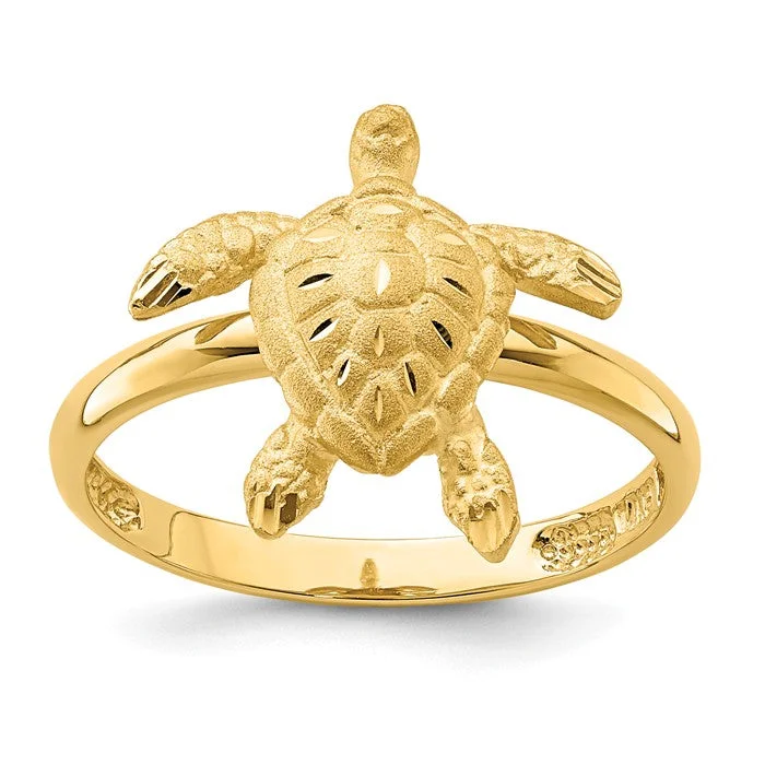 Luxury Wedding Bands For Stylish Brides-14k Yellow Gold Solid Brushed and Polished Sea Turtle Ring