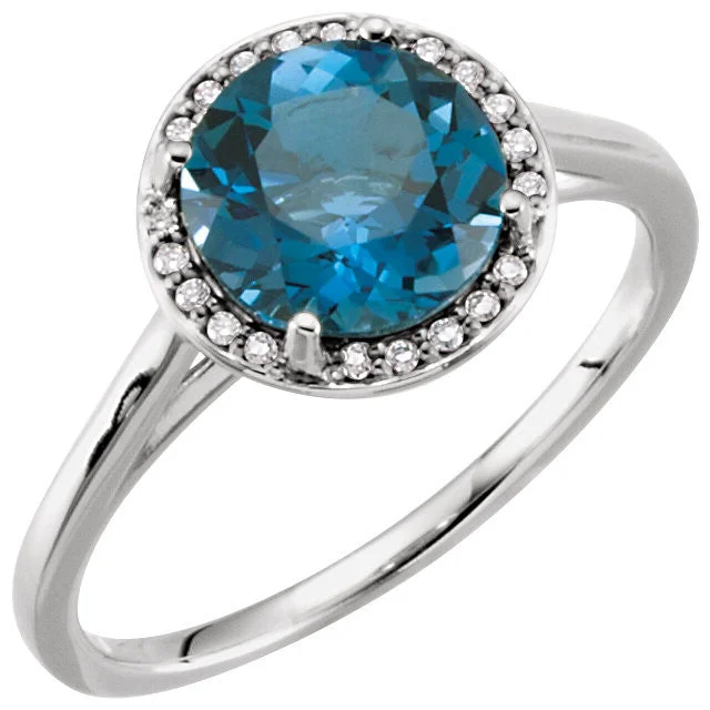 Stunning Rose Gold Wedding Rings For Romantic Glam-14k Gold London Blue Topaz .05CTW Diamond Halo Ring