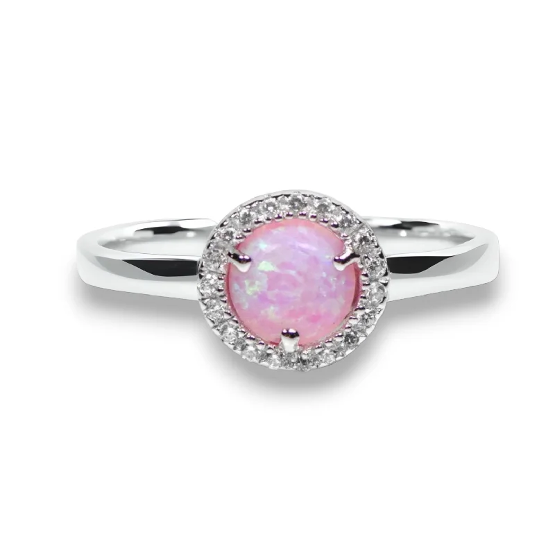 Stunning Rose Gold Wedding Bands For Fashion-Forward Brides-Sterling Silver Light Pink Opal and CZ Halo Ring