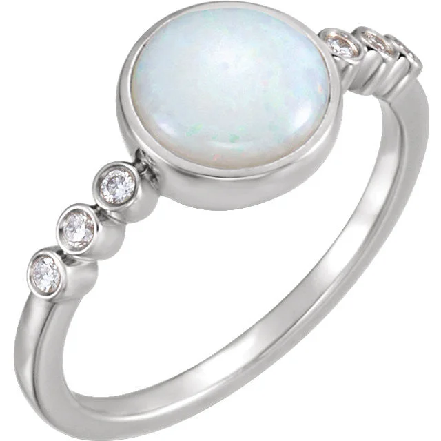 Luxury Engagement Rings For Memorable Proposals-14k Gold 8mm Round Bezel Set Genuine Australian Opal & Diamond Ring