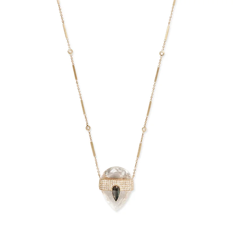 PAVE TEARDROP RAW DIAMOND CAP + FACETED CLEAR QUARTZ TEARDROP CRYSTAL NECKLACE