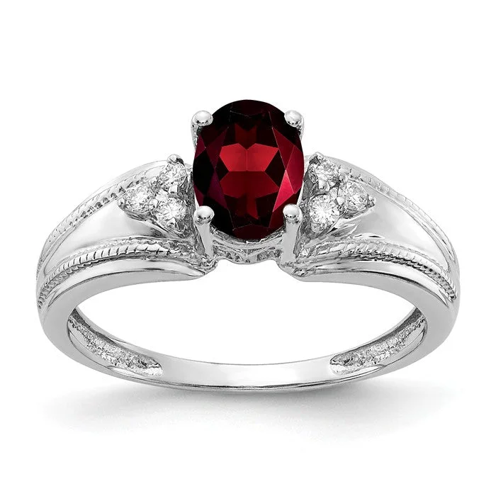 Simple Diamond Rings For Subtle Elegance-14k White Gold 7x5mm Oval Garnet and Diamond Ring