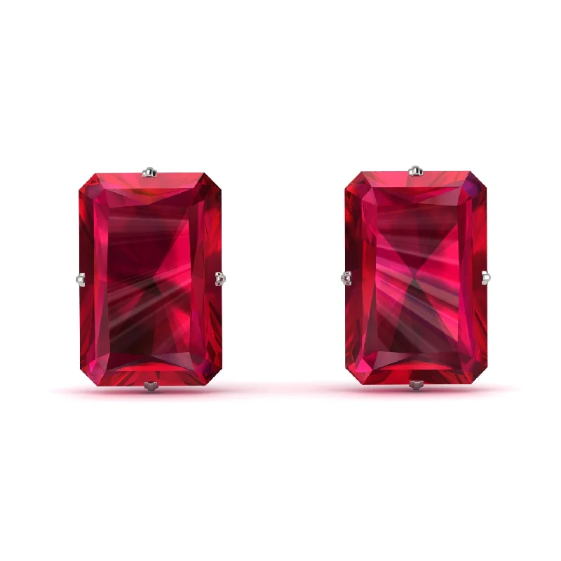 Classic Gemstone Earrings For Elegant Style-Hidden Halo Emerald Cut Ruby Earrings  - Vanessa No. 57