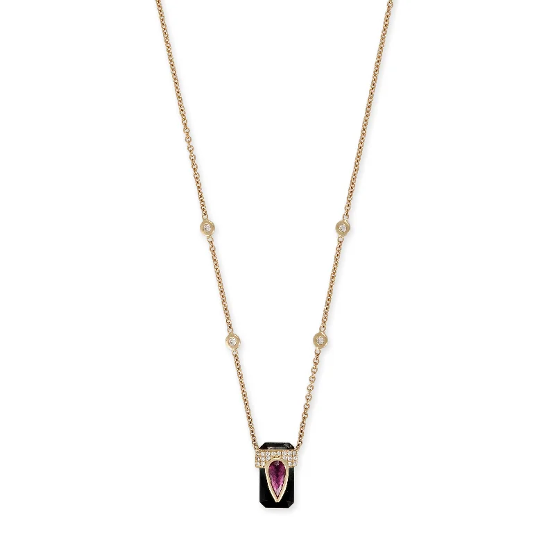 PAVE PINK TOURMALINE TEARDROP CAP + GREEN TOURMALINE BAGUETTE NECKLACE