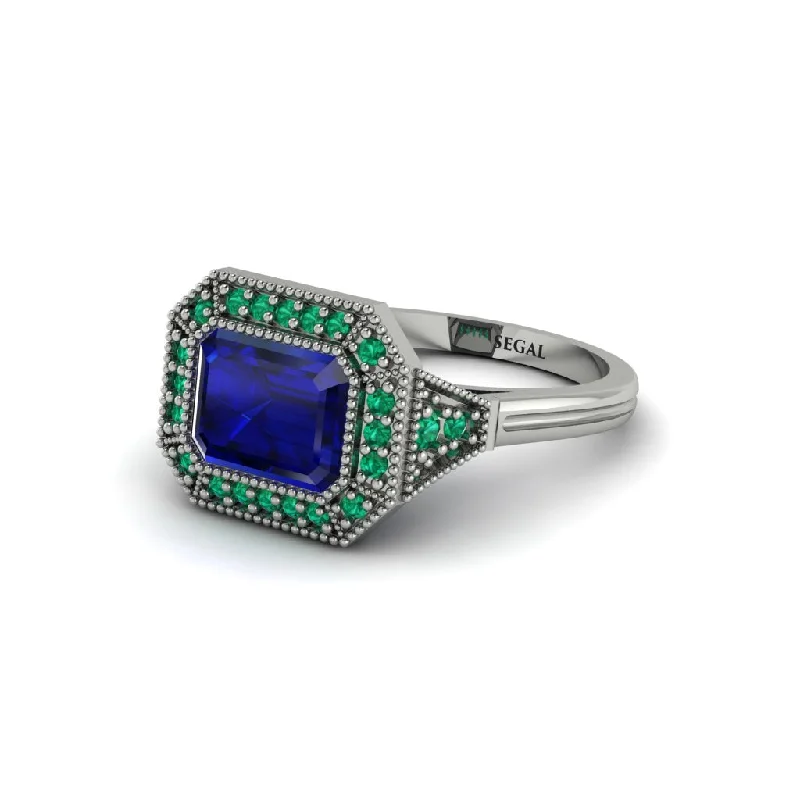 Affordable Gemstone Engagement Rings For Budget Brides-Emerald Cut Sapphire Milgrain Halo Engagement Ring - Juniper No. 30