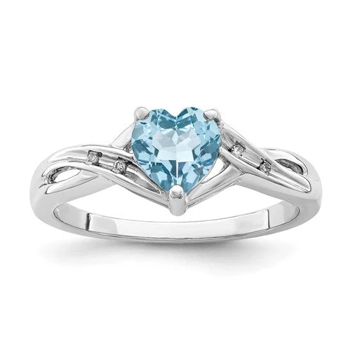 Sparkling Rings For Special Events-Sterling Silver Diamond & Light Swiss Blue Topaz Heart Ring