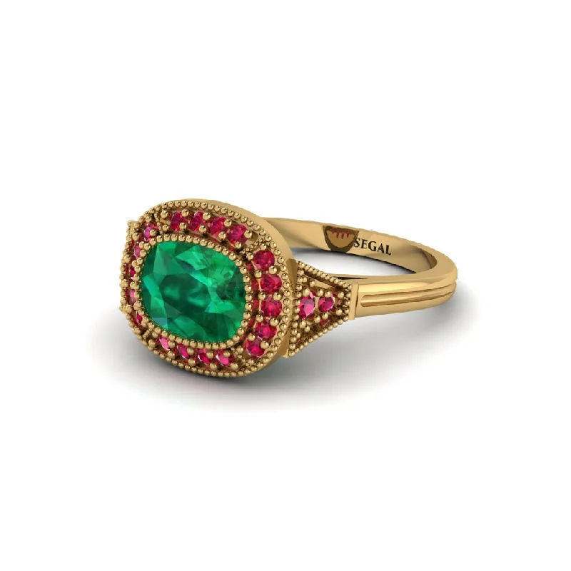 Beautiful Birthstone Rings For Personalized Fashion-Cushion Cut Emerald Milgrain Halo Engagement Ring - Blake No. 49