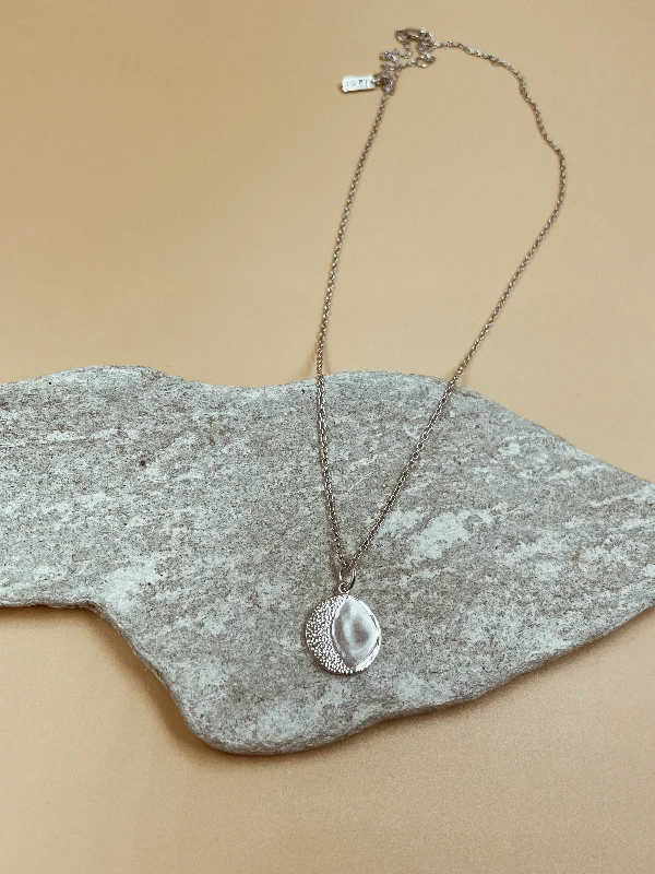 Small Moon Medallion Necklace in Silver Tone