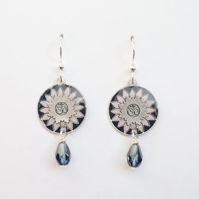 Luxury Silver Earrings For Formal Wear-Silver Blue Ohm Mandala with Blue Bead Earrings