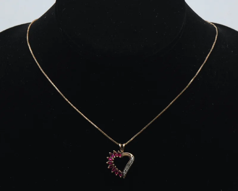 Vintage Synthetic Rubies and Diamond Gold Tone Sterling Silver Heart Pendant Chain Necklace - 18"