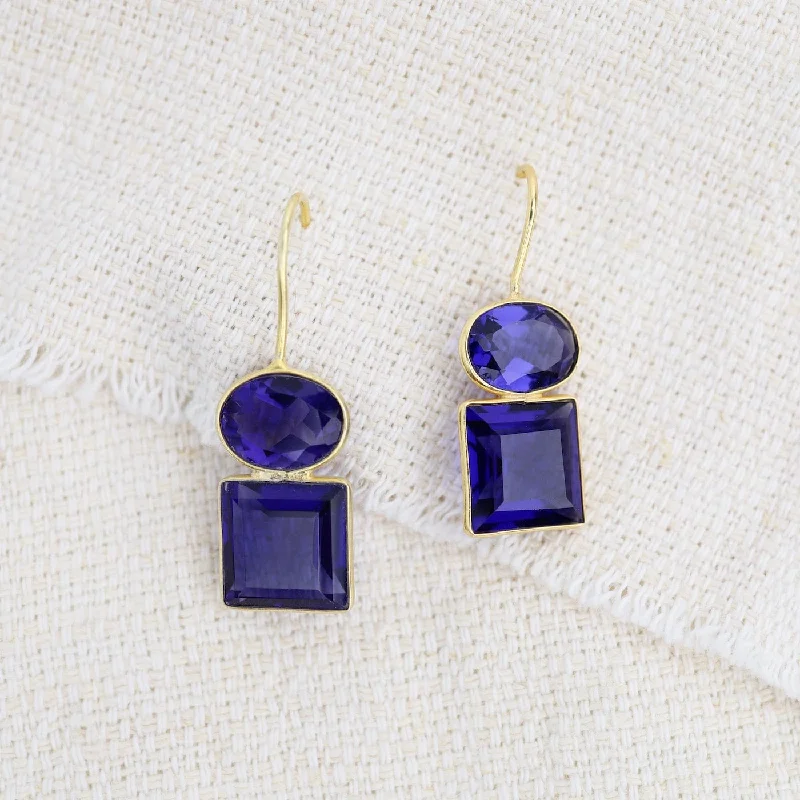 Handmade Silver Earrings For Unique Gifts-Oval Square Blue Iolite Earrings