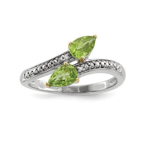 Unique Custom Rings For Meaningful Gifts-Sterling Silver And 14K Gold Double Peridot Pear Diamond ByPass Ring