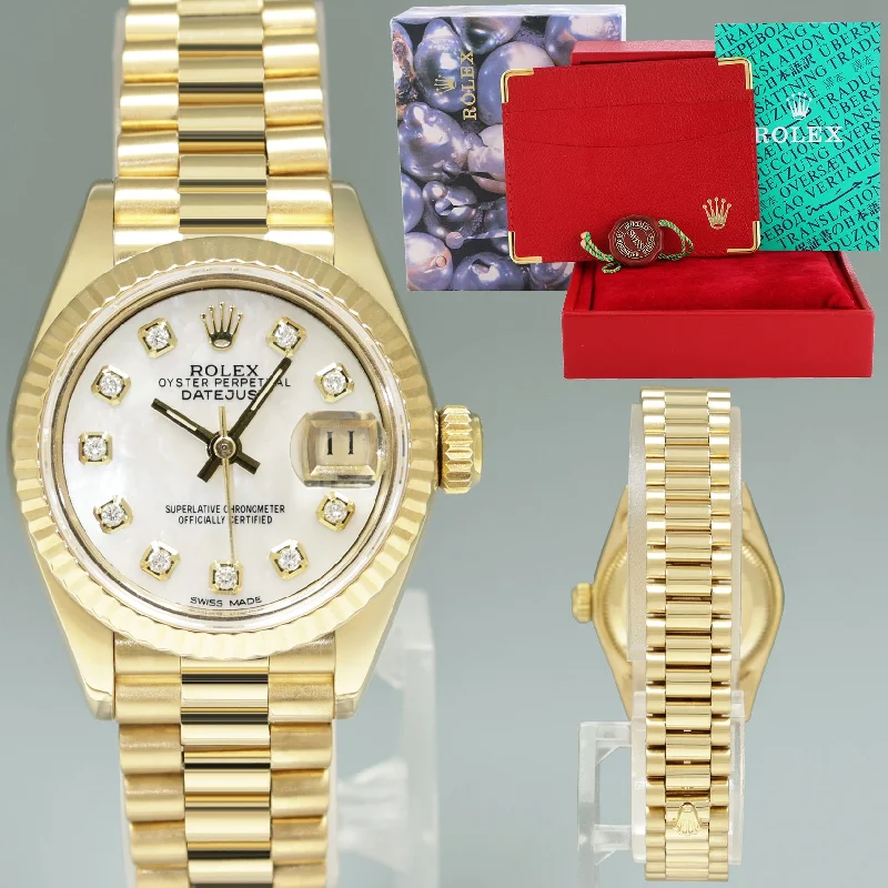 Fashionable Rose Gold Watches For Modern Looks-MINT Pearl MOP Diamond Ladies Rolex DateJust President 26mm 69178 Yellow Gold Watch