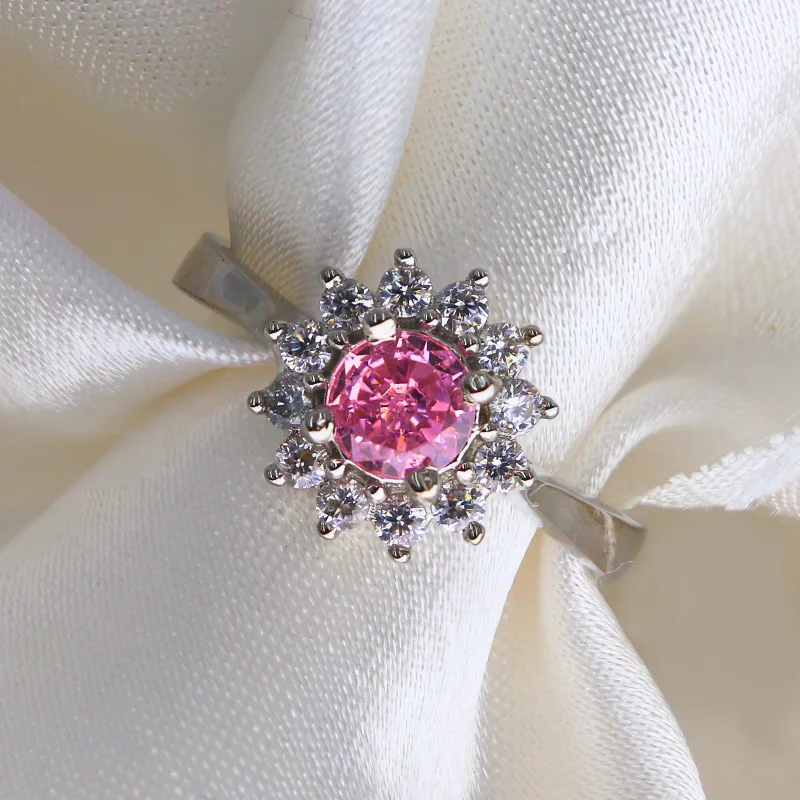 Sparkling Wedding Bands For Glamorous Weddings-Flower Shaped Pink Crystal Adjustable 925 Silver Ring