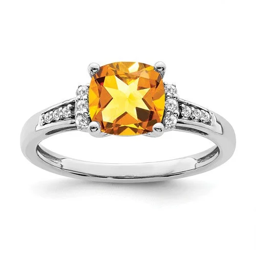 Custom Gemstone Rings For Special Occasions-14k White Gold Citrine Cushion and Diamond Ring