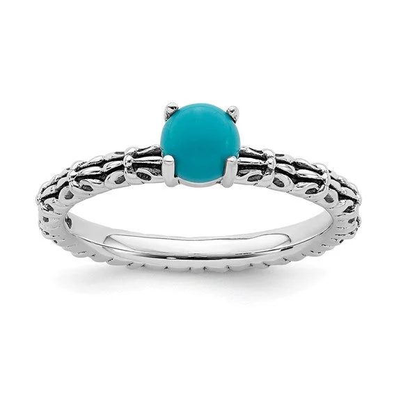 Sparkling Rings For Special Events-Sterling Silver Stackable Expressions Antiqued Pattern Turquoise Ring