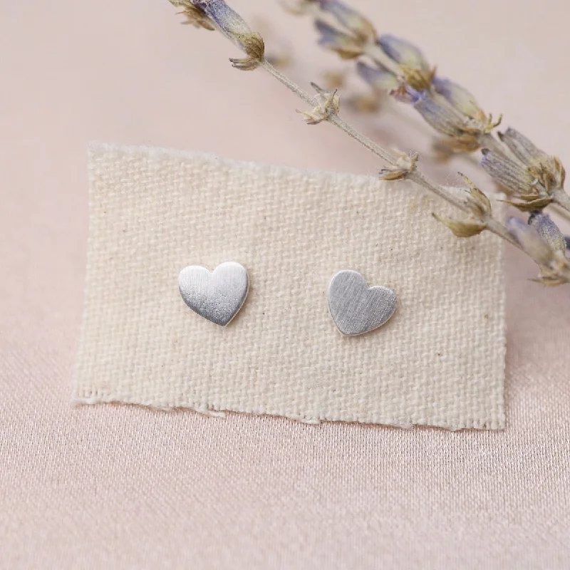 Bold Earrings For Statement Looks-Little Flat Heart Stud Earrings - Brushed Sterling Silver