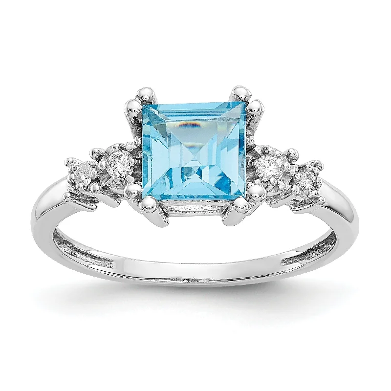 Beautiful Custom Rings For Personalized Gifts-10k White Gold 6mm Square Princess Blue Topaz & Diamond Ring