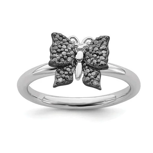 Affordable Platinum Wedding Bands For Brides-Sterling Silver Stackable Expressions Black Plated Diamond Butterfly Ring