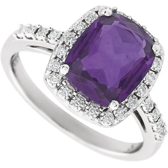 Bold Gemstone Rings For Statement Pieces-14k White Gold 10x8 Antique Cushion Amethyst & Diamond Halo Ring