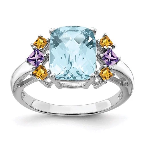 Simple Platinum Rings For Classic Style-Sterling Silver Ant. Cushion Light Swiss Blue Topaz, Amethyst & Citrine Ring