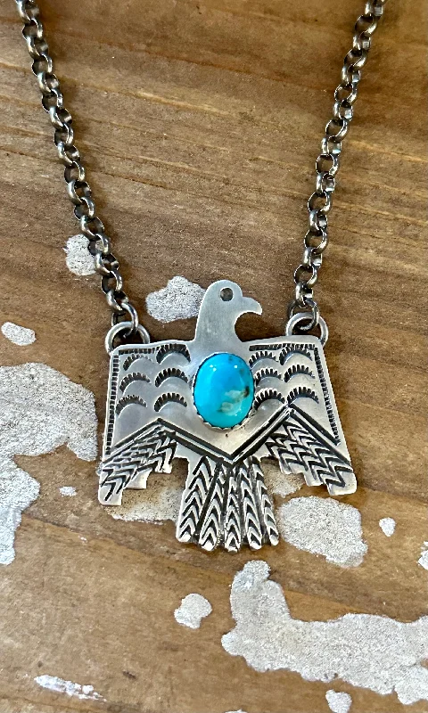 THUNDERBIRD Native Sterling Silver & Turquoise Necklace Pendant • 18g