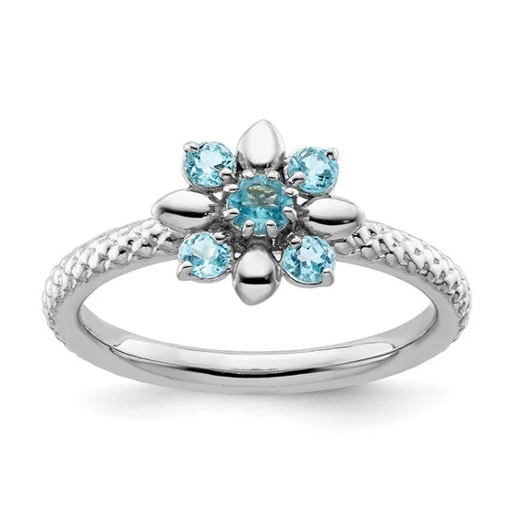 Custom Gold Engagement Rings For Personal Style-Sterling Silver Stackable Expressions Blue Topaz Flower Ring