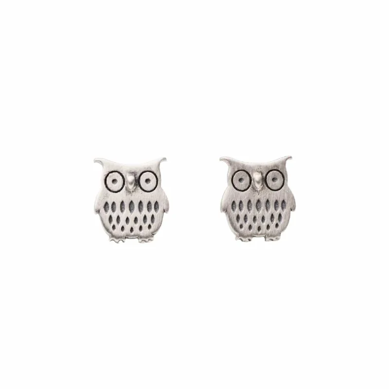 Bold Earrings For Statement Looks-Owl Stud Earrings - Brushed Sterling Silver