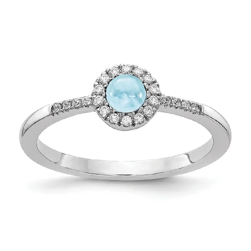 Sparkling Cocktail Rings For Special Celebrations-14k White Gold Diamond Halo And Round Aquamarine Cabochon Ring