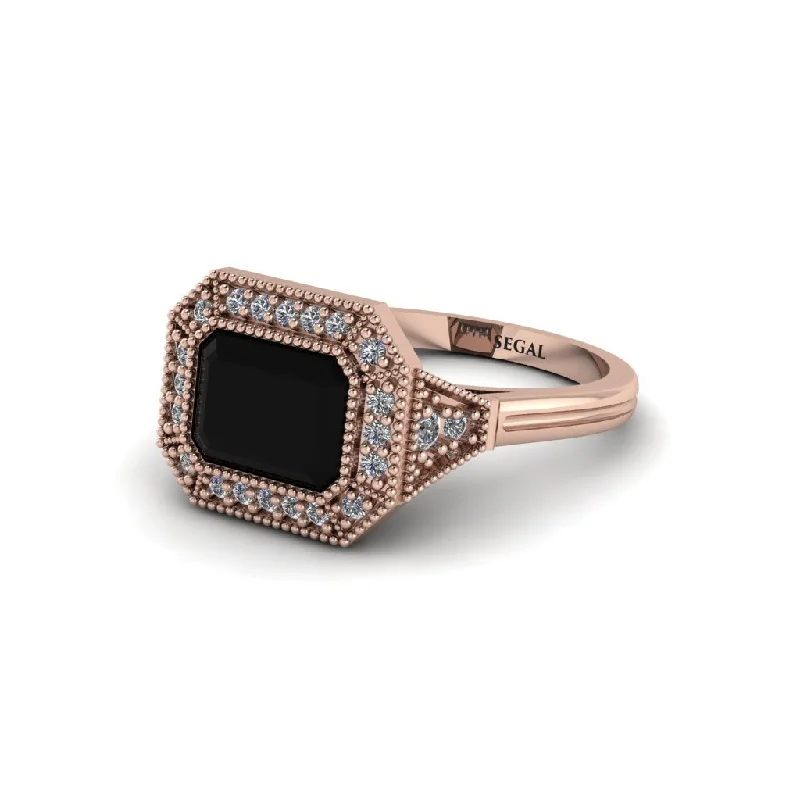 Timeless Gold Rings For Elegant Fashion-Emerald Cut Black Diamond Milgrain Halo Engagement Ring - Juniper No. 8