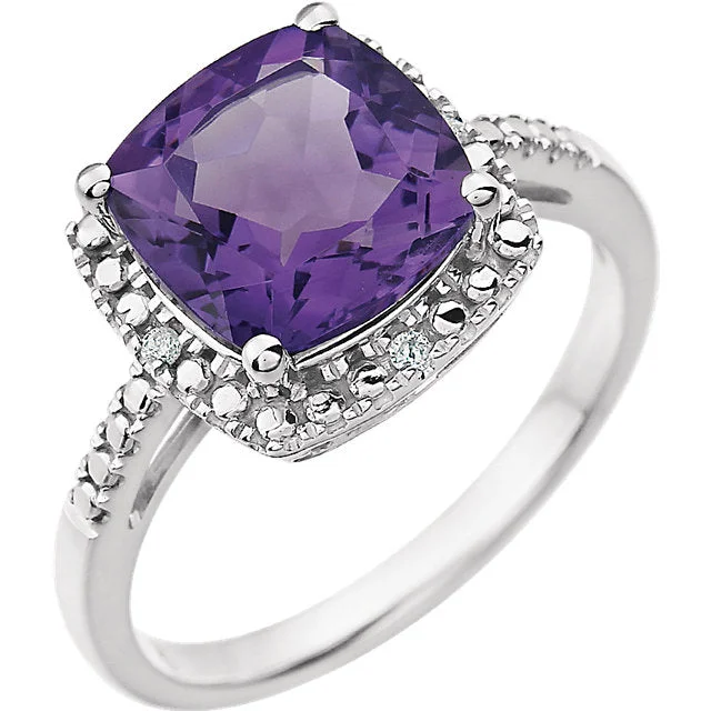 Classic Gold Engagement Rings For Timeless Love-14k White Gold 9mm Cushion Cut Amethyst & Diamond Halo-Style Ring