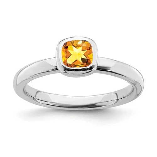 Simple Gemstone Engagement Rings For Subtle Beauty-Sterling Silver Stackable Expressions Cushion Cut Citrine Ring