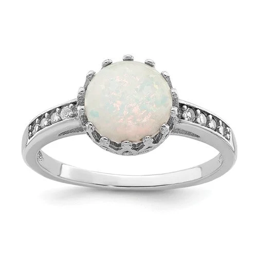 Elegant Engagement Rings For Stylish Proposals-Sterling Silver CZ and Round Created Opal Crown Set Ring