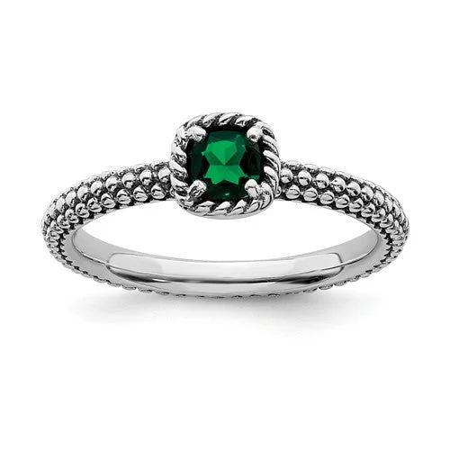 Sparkling Gemstone Engagement Rings For Brides-Sterling Silver Stackable Expressions Created Emerald Cushion Ring