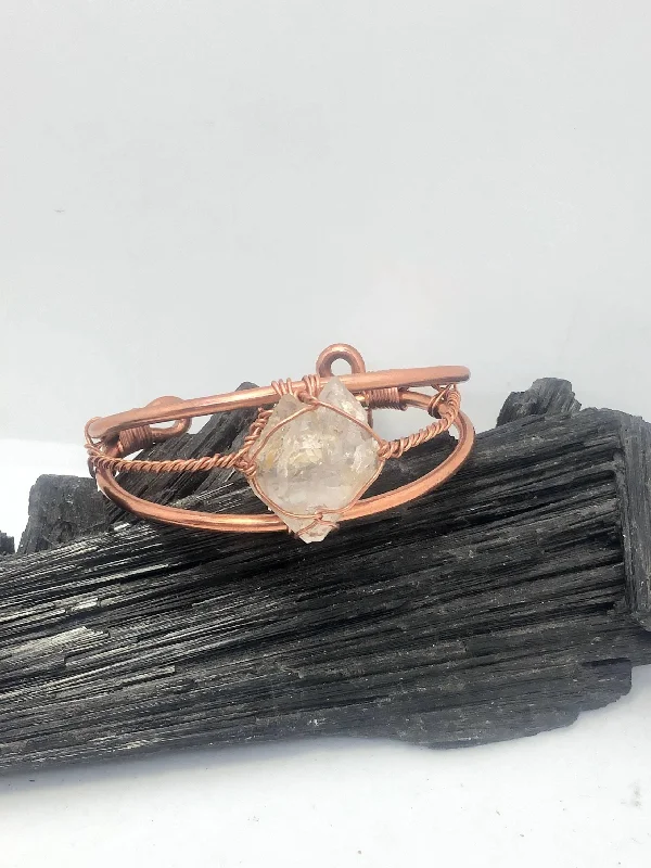 Elegant Diamond Bangle Bracelets For Bridal Looks-Herkimer Diamond Single Handmade Copper Wirewrapped Bangle Bracelet