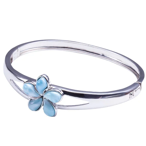 Elegant Crystal Bangles For Special Occasions-Sterling Silver Larimar Bangle 20mm Plumeria in the Center