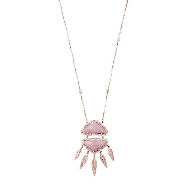 PAVE DOUBLE TRIANGLE PINK OPAL FEATHER SHAKER NECKLACE