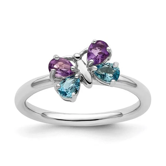 Elegant Rose Gold Rings For Stylish Fashion-Sterling Silver Stackable Expressions Blue Topaz & Amethyst Butterfly Ring