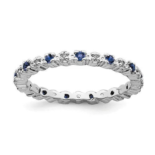 Trendy Stackable Rings For Layered Style-Sterling Silver Stackable Expressions Blue Sapphire & Diamond Alternating Eternity Ring