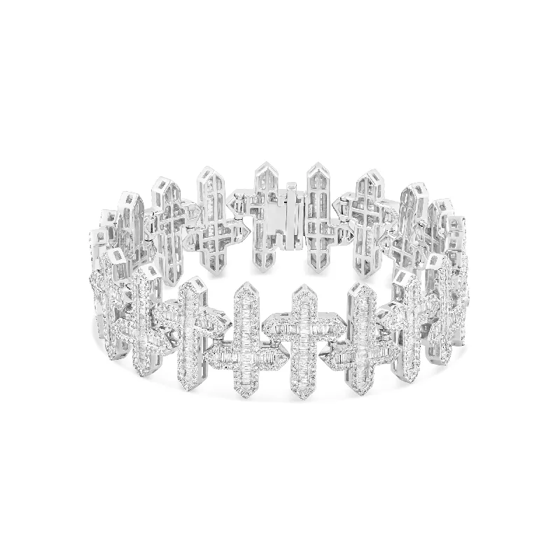 Trendy Multi-Stone Bracelets For Fashion-Forward Looks-14k White Gold Baguette and Round Diamond Cross Motif Link Bracelet