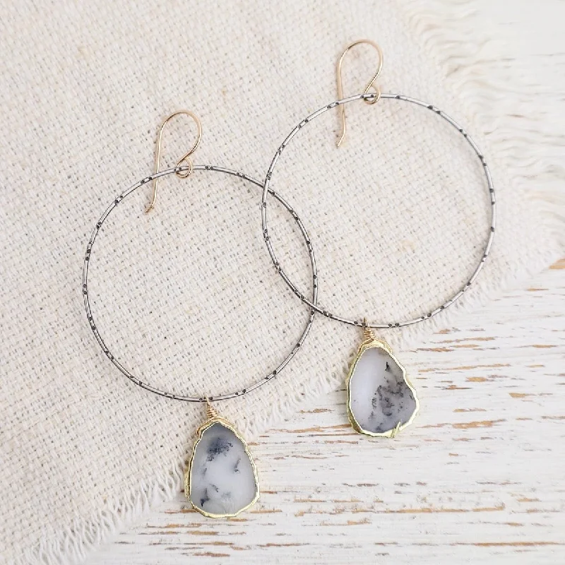 Gold Earrings For Bridesmaids Gifts-Large Hoop with Dendrite Opal Earrings