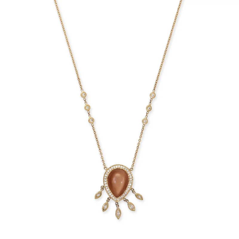 PAVE PEACH MOONSTONE TEARDROP + MARQUISE DIAMOND SHAKER NECKLACE