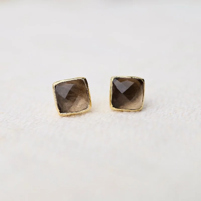 Artistic Hoop Earrings For Trendy Fashion-Madeline Stud Earrings - Vermeil Square - Smoky Quartz