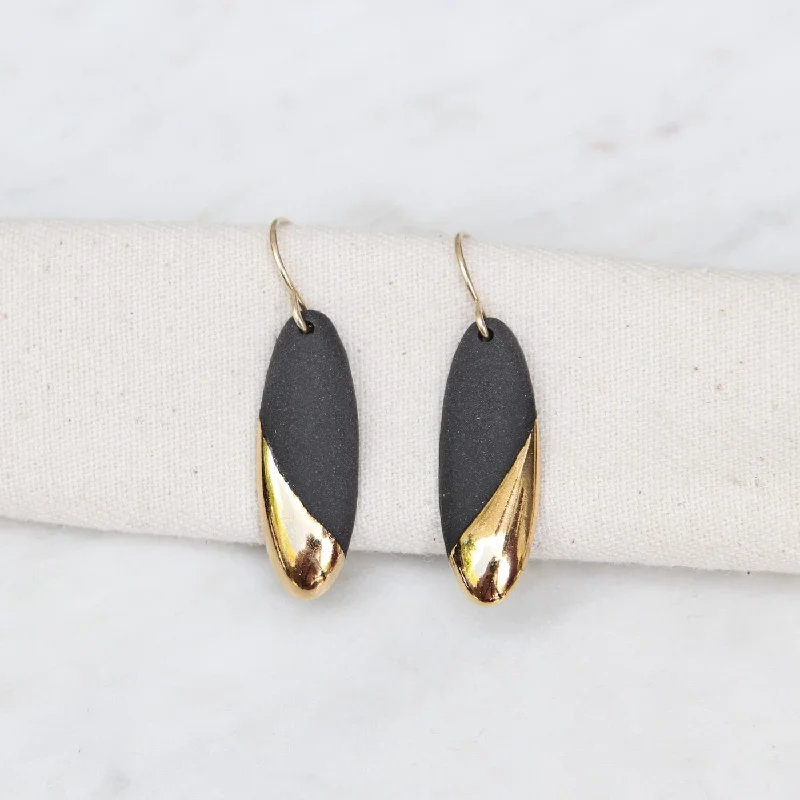 Trendy Crystal Earrings For Everyday Style-Black Gold Dipped Long Oval Earrings