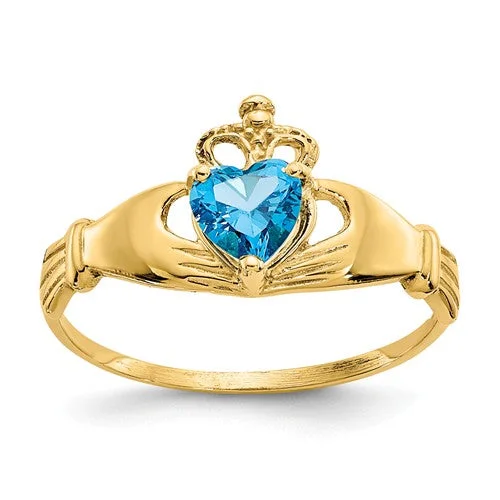 Sparkling Gemstone Engagement Rings For Brides-14k Yellow Gold Blue Heart Polished Claddagh Ring